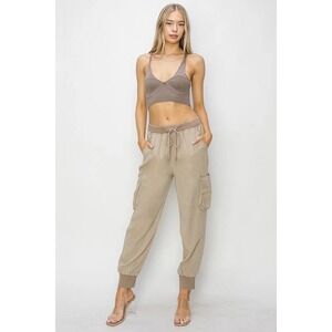 Risen Jeans Womens Tencel Cargo Joggers Size Medium Brown Drawstring Waist